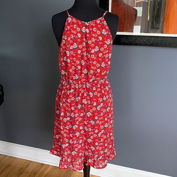 Harper Hertage red floral crepe split neckline wrap bodice ruffle skirt halter - Picture 6 of 9